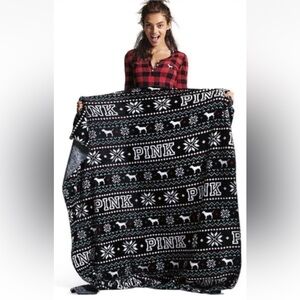 Victoria Secret Pink Reversible Fair Isle Fleece Throw Blanket Black Grey Dog